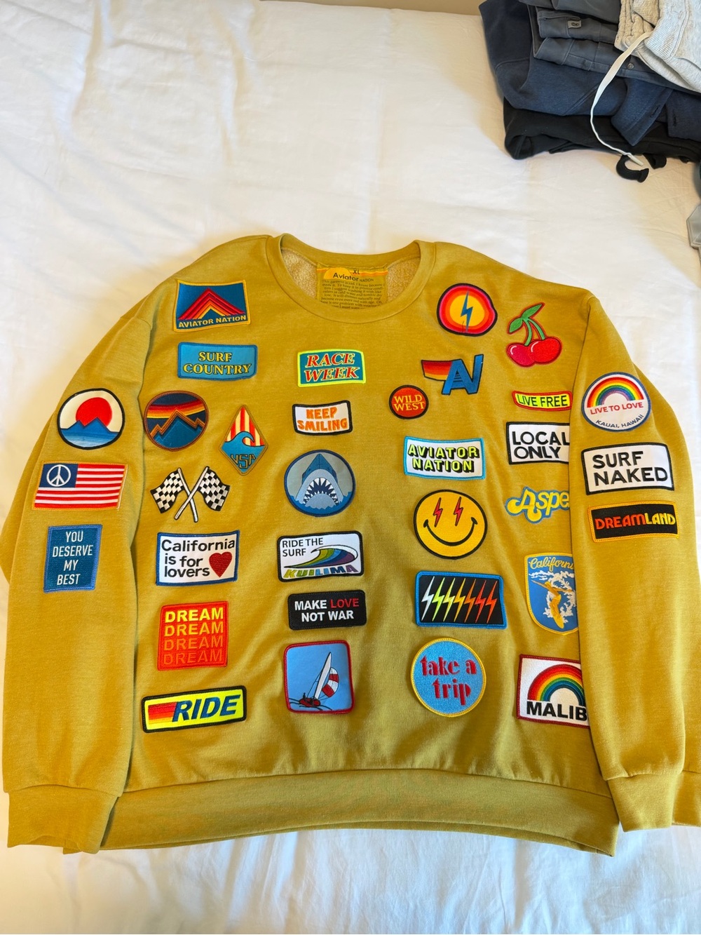 Aviator Nation Mustard Yellow Patchwork Logo Crewneck Sweater